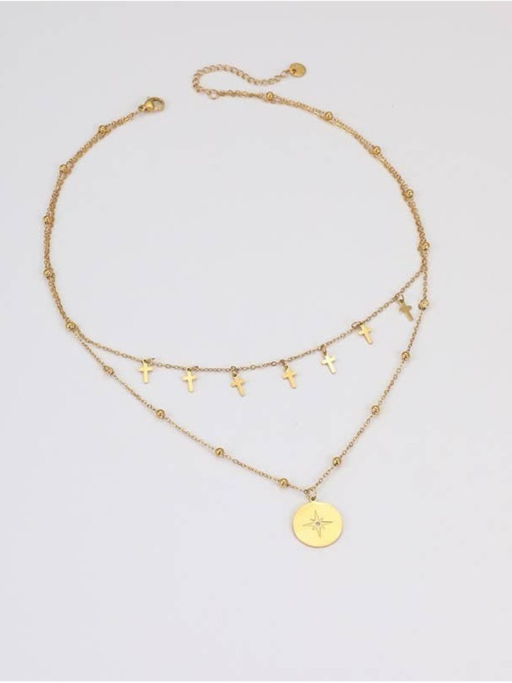 Waterproof Tarnish Free Layered Gold Cross & Compass Pendant Necklace